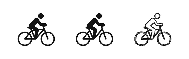 Naklejka premium Bicycle and cyclist icon set, solid, outline, and sketch style