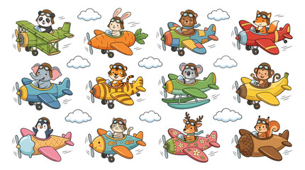 Obraz premium Adorable vector collection of cute animal characters flying colorful vintage airplanes