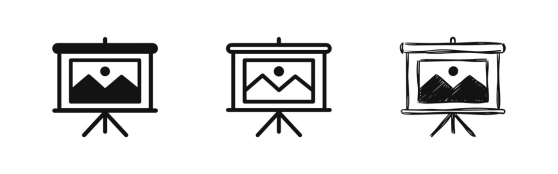 Presentation easel icon set - black, outline, and hand-drawn styles
