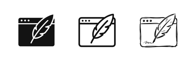 Website blog content writing icon set with feather pen © drawing lines