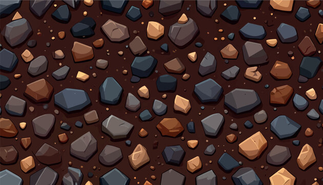 Seamless vector background with cartoon stones and pebbles on brown dirt ground. Illustrative natural rock texture pattern for games, design assets, and surface mapping.