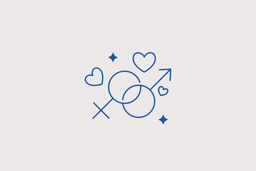 Interlinked male and female gender signs with hearts line icon for dating agency. Modern vector illustration for relationship therapy, biological research, community center. © HenryFord