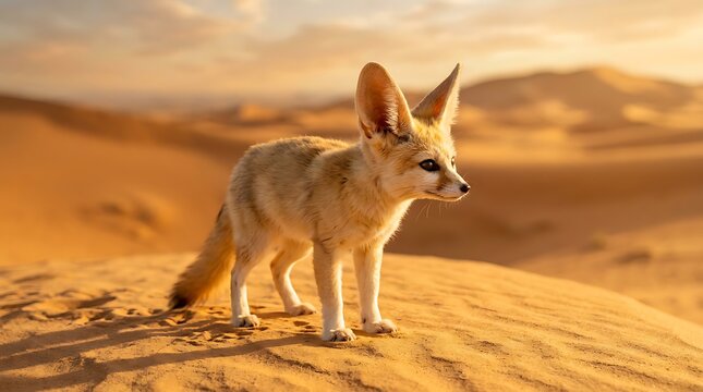 Cute fox fennec standing on desert sand dunes at sunset