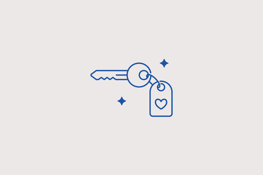 Metal door key with attached heart shaped tag line icon for real estate agency. Reliable vector illustration for apartment rental, mortgage company, security firm.