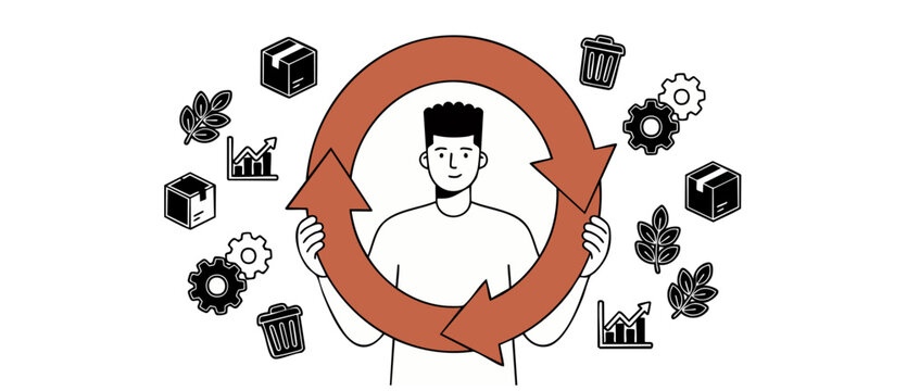 Circular economy concept vector illustration of man holding recycling arrows managing sustainable business supply chains, waste reduction, green logistics and environmental growth icons. Clean design.