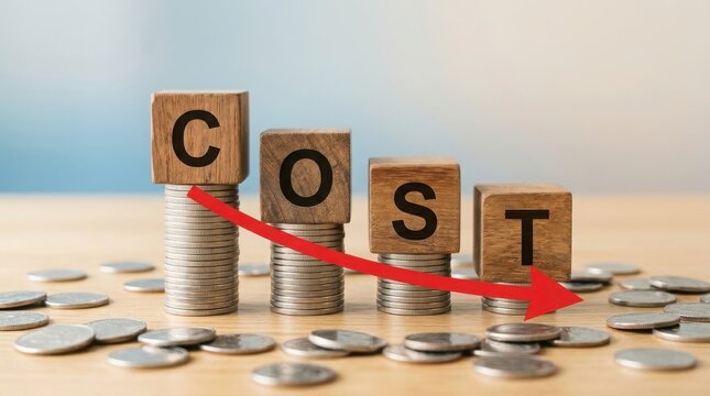 Wooden blocks with the word cost on stacks of coins with a red downward arrow, representing cost reduction, financial savings, and budget management