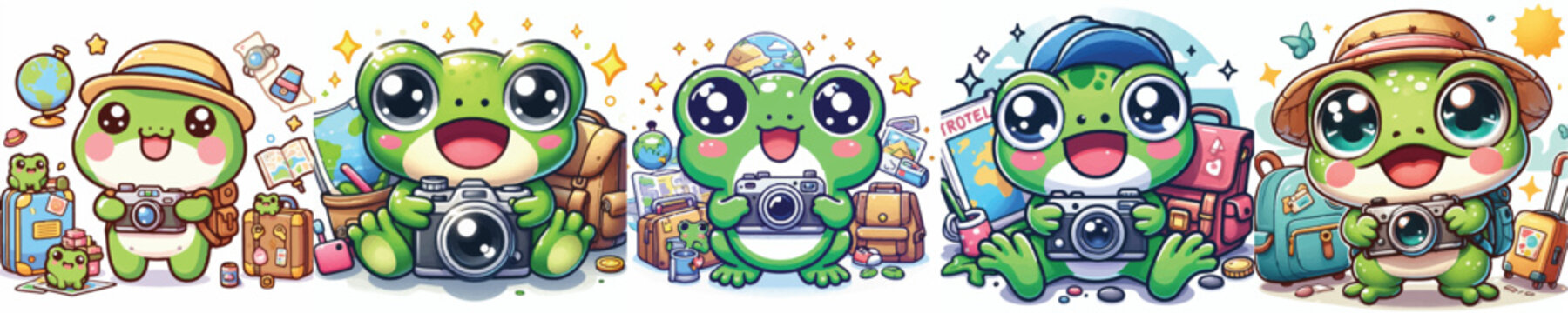 Vector of a cute cartoon frog character taking photos during a trip