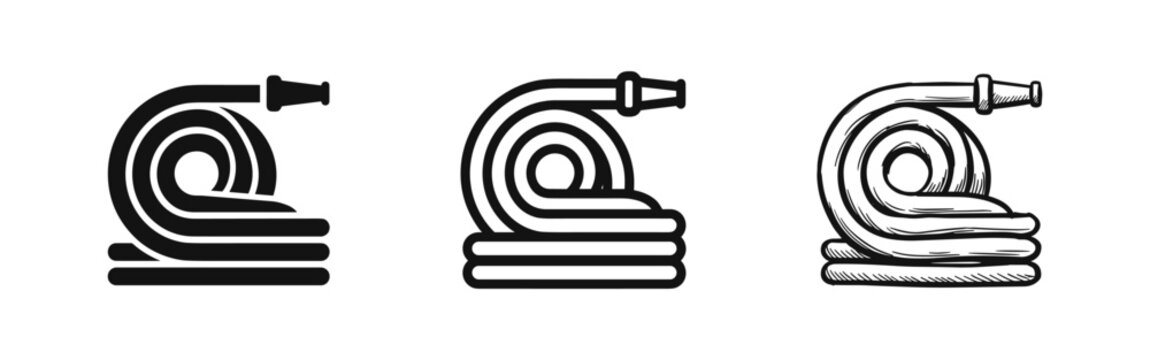 Fire hose reel icons set, firefighting equipment silhouette, line and hand-drawn sketch styles