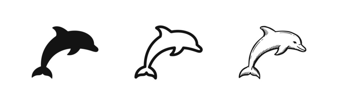 Dolphin icon set, marine life, animal nature, wildlife graphics