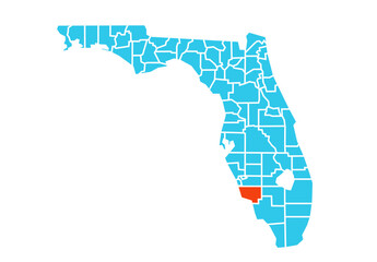 Fototapeta premium Lee County highlighted in orange on Florida state map with blue theme