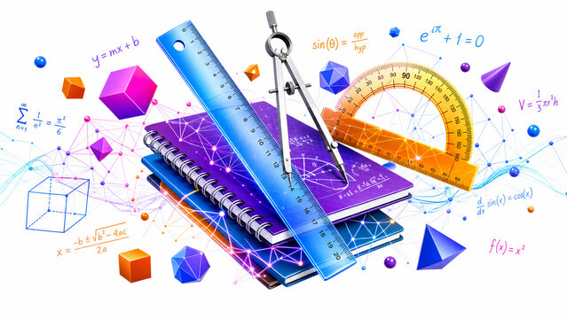 Dynamic abstract 3d composition of classic school supplies and items, artificial intelligence digital classroom learning platform and education concept.