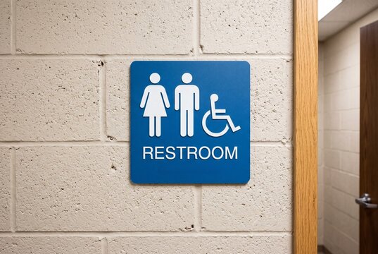 A close-up shot of a blue, ADA-compliant restroom sign mounted on a white painted brick wall next to an open doorway.