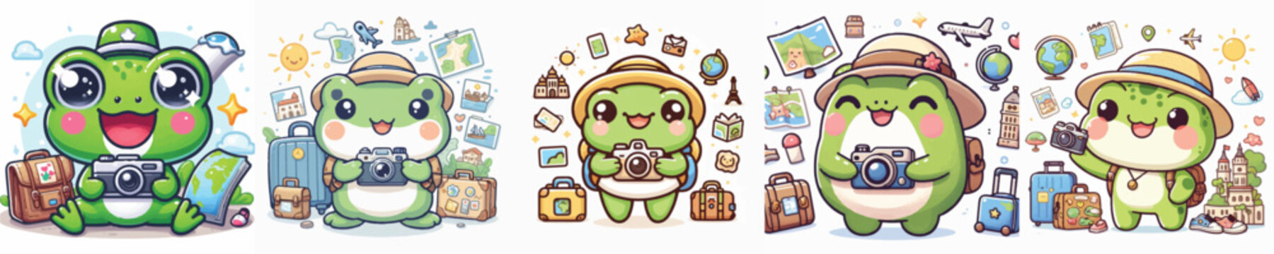 Vector of a cute cartoon frog character taking photos during a trip