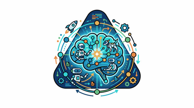Abstract illustration of a stylized brain with AI and technology elements