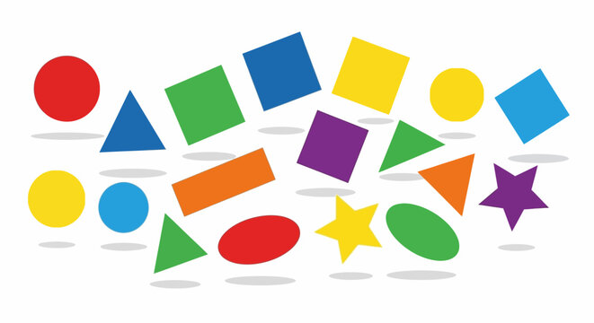 Colorful Geometric Shapes Scattered on White Background