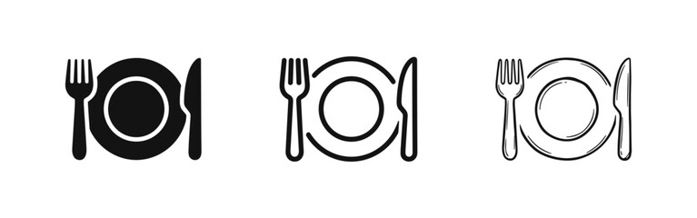 Dinnerware set plate fork and knife icon collection, restaurant sign, cutlery symbols