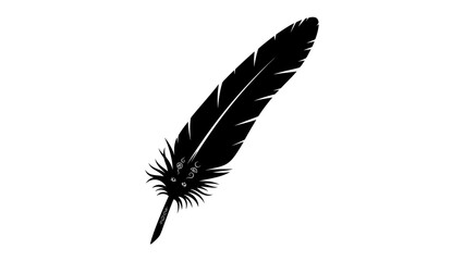 Feather Quill Silhouette: A striking black silhouette of a quill pen, detailed with delicate barbs and a fluffy base, stands isolated against a stark white background. © Hasem