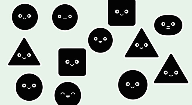 Cute Black Shapes with Faces on Light Background