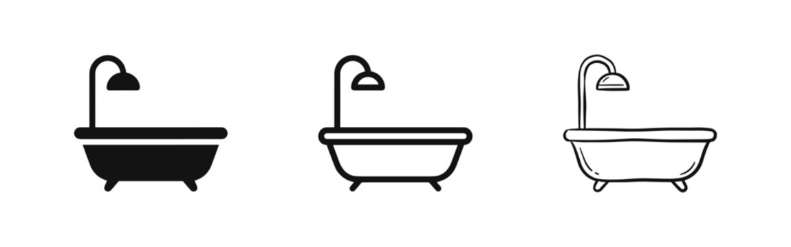 Bathtub icon set, bathroom furniture, interior design, spa and hygiene symbol