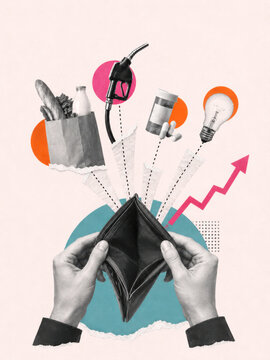 Empty wallet with rising costs for food medicine fuel and electricity highlighting household budgeting challenges