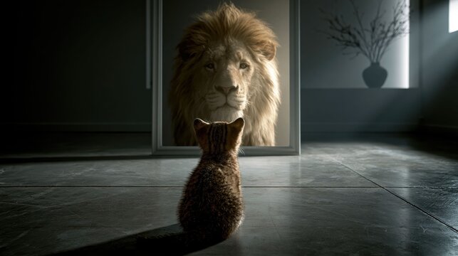Cute kitten and lion mirror reflection concept showing Self-Esteem Conceptual and domestic animal behavior related with human mind.
