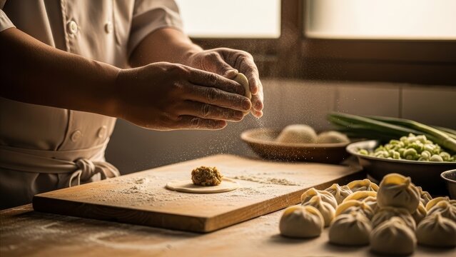 Food - Chef Hands Folding Homemade Dumplings with Green Onion Filling on Flour Dusted Wooden Board