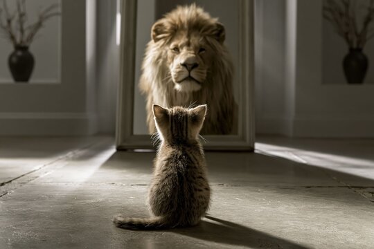 Cute kitten and lion mirror reflection concept showing Self-Esteem Conceptual and domestic animal behavior related with human mind.