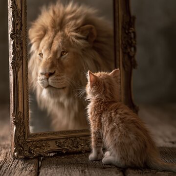 Cute kitten and lion mirror reflection concept showing Self-Esteem Conceptual and domestic animal behavior related with human mind.