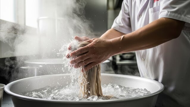 Food - Chef Plunging Freshly Cooked Noodles into Ice Water Bath in Professional Restaurant Kitchen