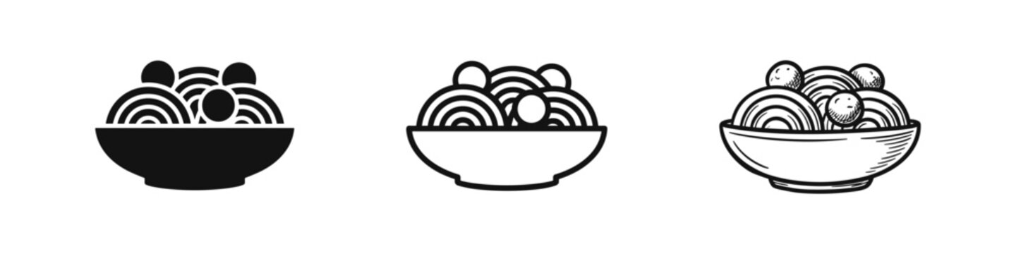 Noodle Bowl Icon Set: Asian Ramen or Pasta Dish in Solid, Outline, and Hand-Drawn Styles.