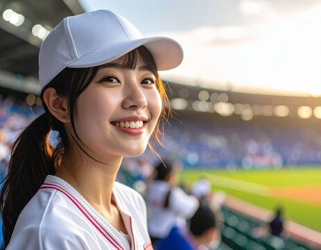 野球の試合を応援している女性