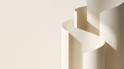 Fototapeta premium Premium commercial background of a minimalist paper architecture concept with elegant curved ivory cotton paper layers, soft diagonal shadows, and wide left copy space