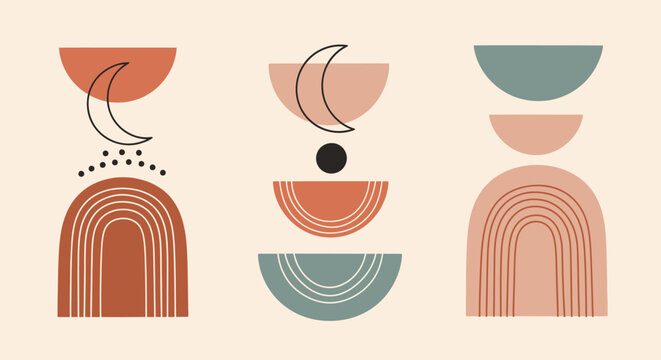 Boho Abstract Shapes, Moon & Rainbows - Mid Century Modern Art