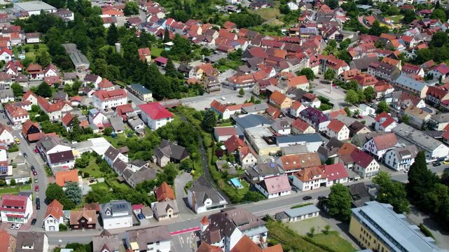 Panoramic aerial view beside the old town of the city Rimbach in hesse in Germany on a cloudy noon in spring.