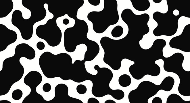 Black and white cow pattern, irregular abstract shapes, bold graphic