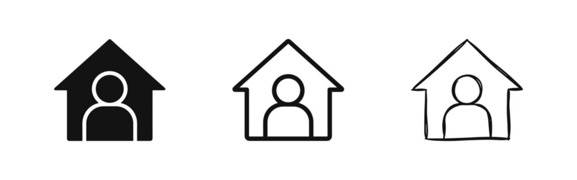 Person in house icon in solid, outline, and hand-drawn sketch styles