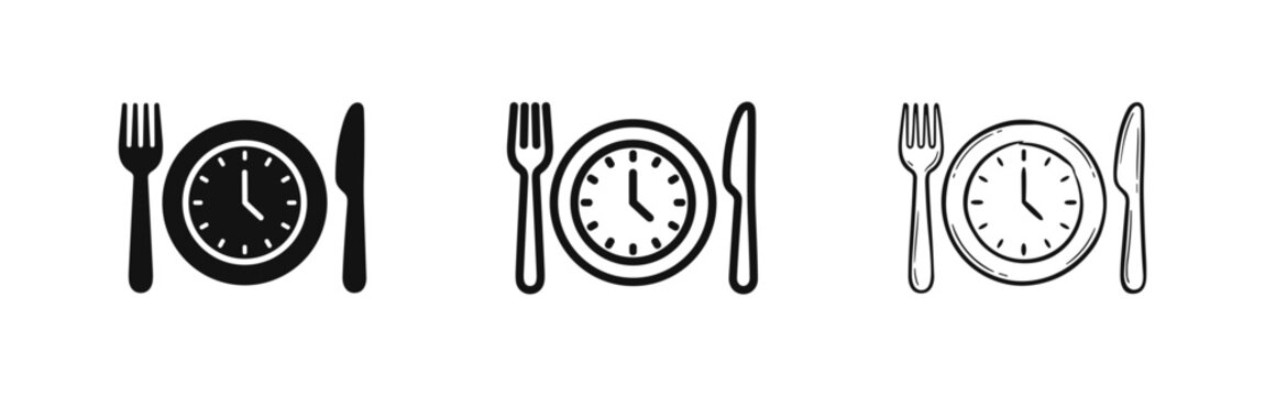 Time to eat icons set, cutlery, fork, knife and plate with clock face, meal time concept
