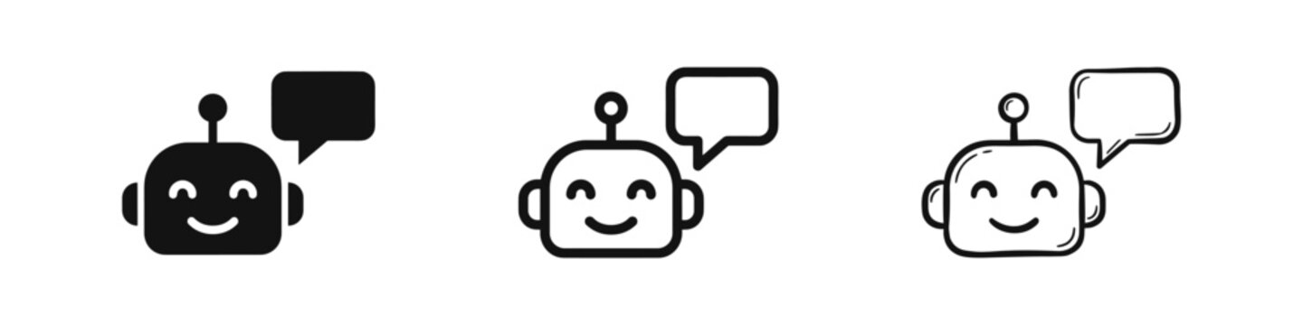 AI chatbot icon set, cute robot face with speech bubble, artificial intelligence and support concept