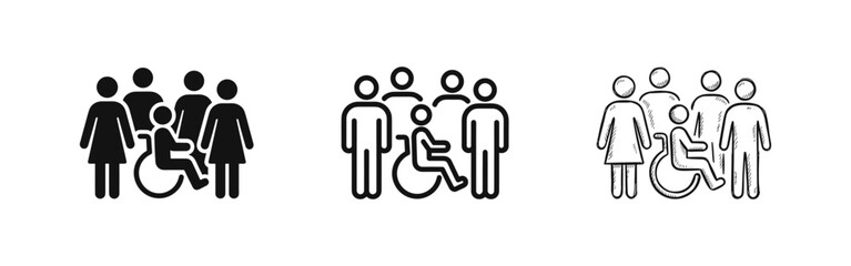 Inclusive community with wheelchair user icon set in solid, outline, and hand-drawn sketch styles © drawing lines
