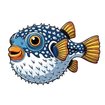 Cute cartoon puffer fish with blue spots and orange fins swimming in the ocean isolated on white background