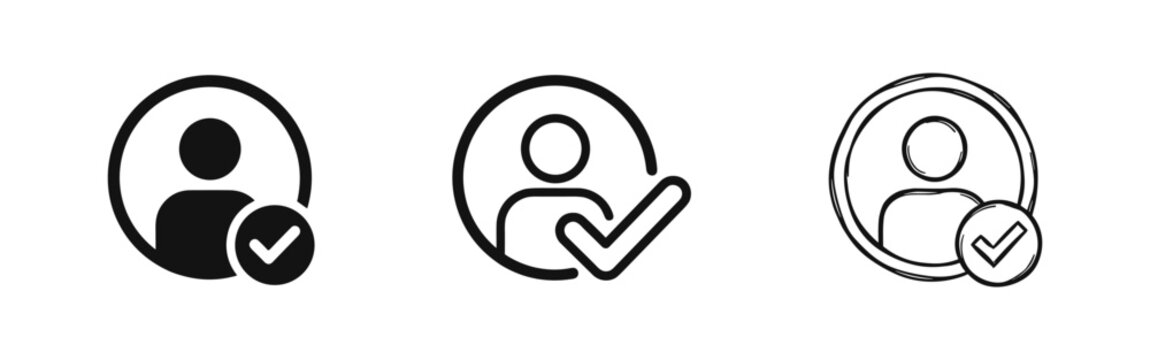 User account verification icon set with check mark in solid, outline, and hand-drawn sketch styles