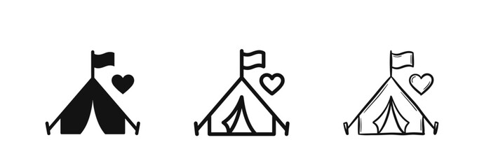 Camping tent with heart symbol icon set, love travel © drawing lines