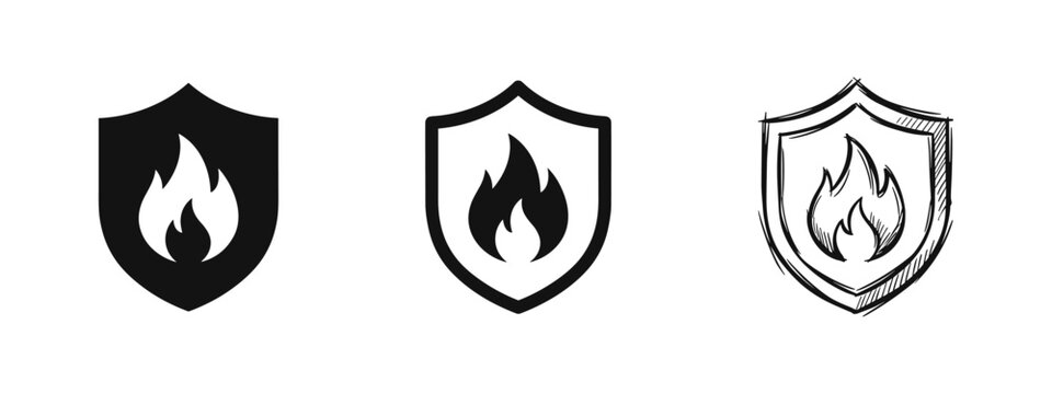 Fire shield icon set, fire protection and safety sign