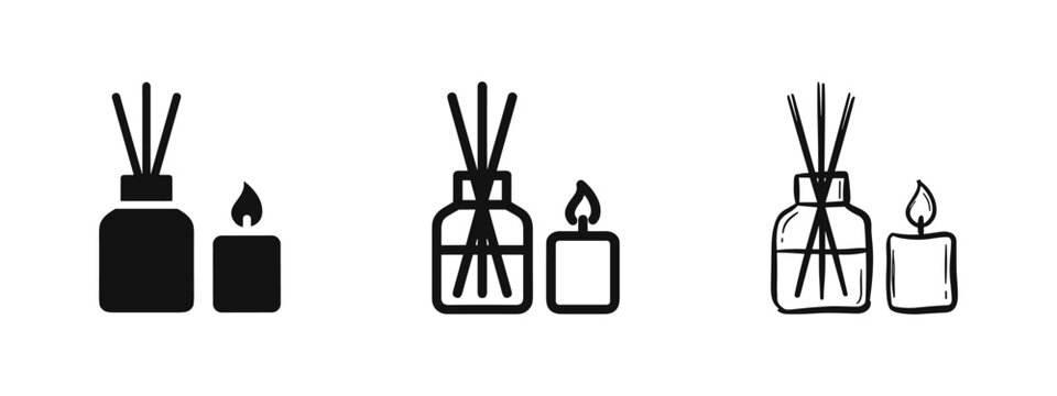 Reed diffuser and scented candle icon set in three styles