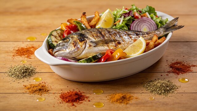 Grilled Hamour fish fillet with mixed vegetables and lemon, isolated food presentation