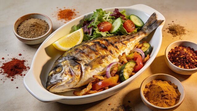 Traditional Middle Eastern Hamour fish dish with salad and fried vegetables, top-down view