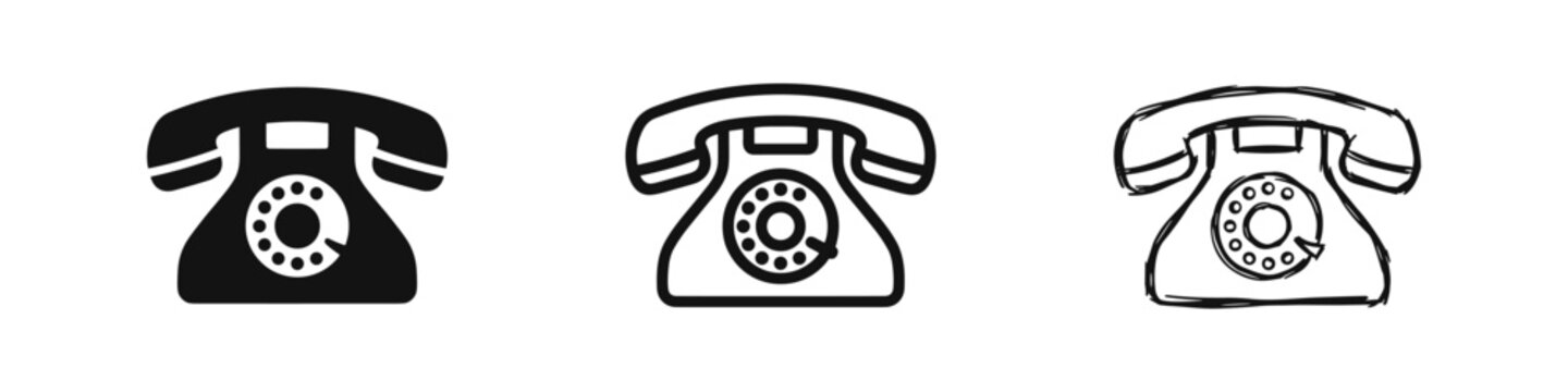 Vintage telephone icon set, old rotary phone communication symbols