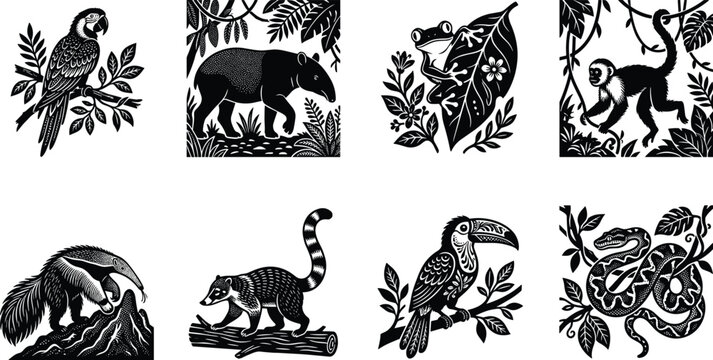 Black and white rainforest animals linocut vector set featuring macaws tapir tree frog monkey anteater coati toucan and snake
