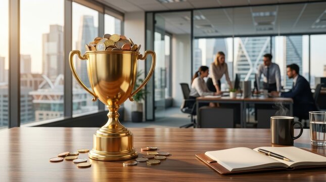 Business Meeting with Trophy Award in Modern Office Setting.