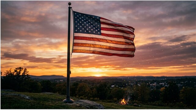 American flag waving in the USA at sunset with a campfire
